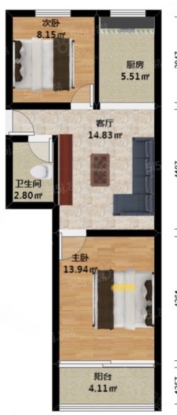 4小6中长塘小区48.3平使用面积大2室1厅简装43.8万