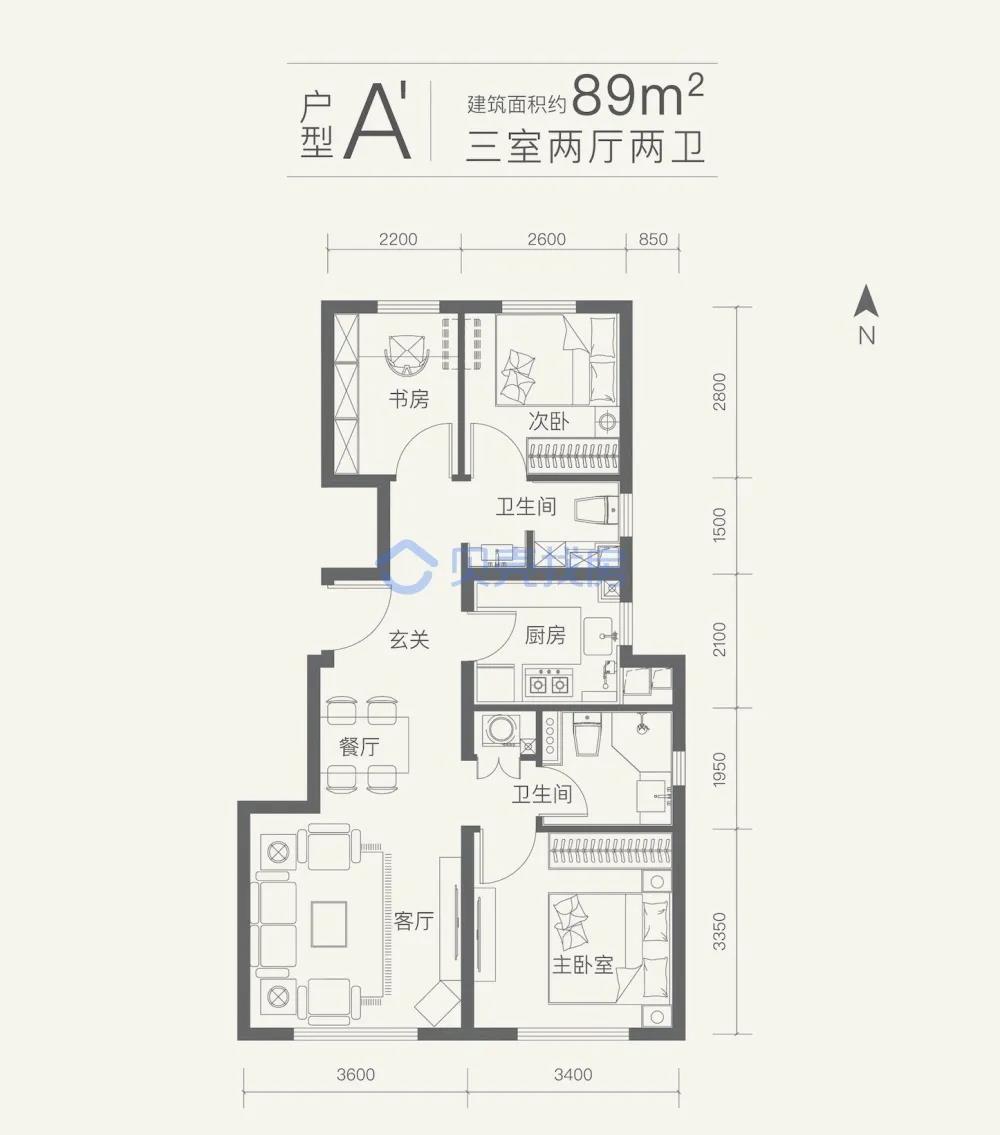 89㎡3室2厅2卫户型图(来源:贝壳找房)