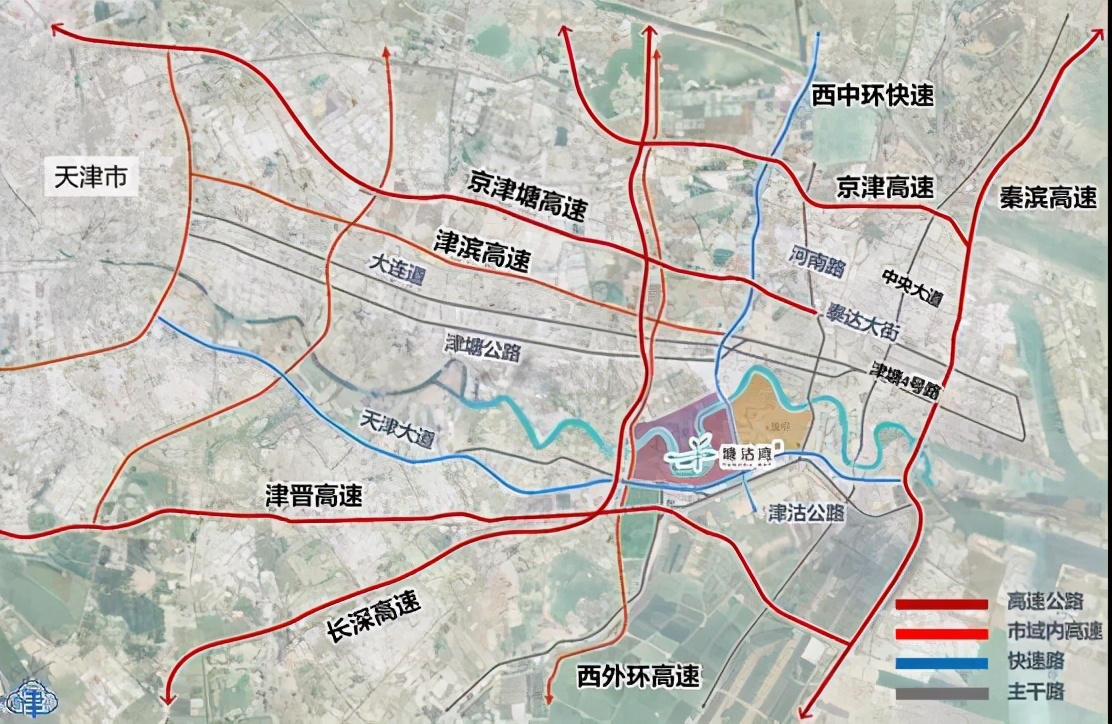 塘沽湾紧邻天津大道,西中环,西外环三条快速路.