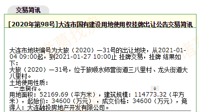 土拍旅顺水师营52万㎡住宅地块摘牌楼面价3015元㎡