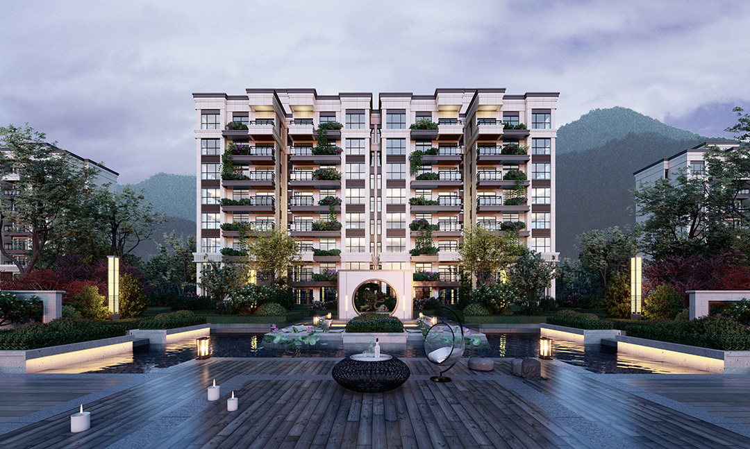 车位配比1:1,相当于一户一个车位,首期项目产品由阔景高层,花园洋房