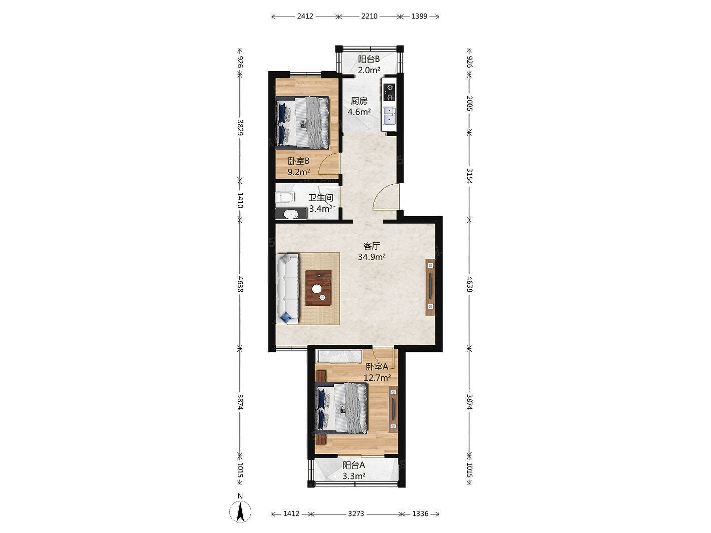 清和园二手房,清和园东区 户型好两居 满五年 客厅带南向明窗,首付约