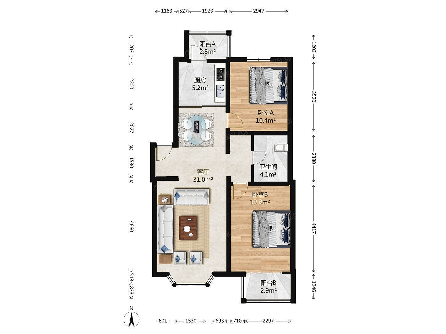 大兴上林苑2室1厅 格局好 户型方正 采光充足