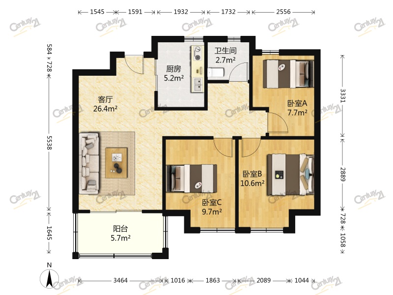 金辉优步花园3室2厅88.9平米